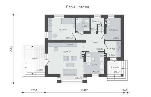 Одноэтажный дом с мансардой, террасой и балконом