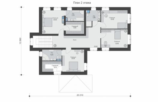Двухэтажный дом с подвалом, гаражом на 2 машины, баней, 5ю спальнями и большими террасами.